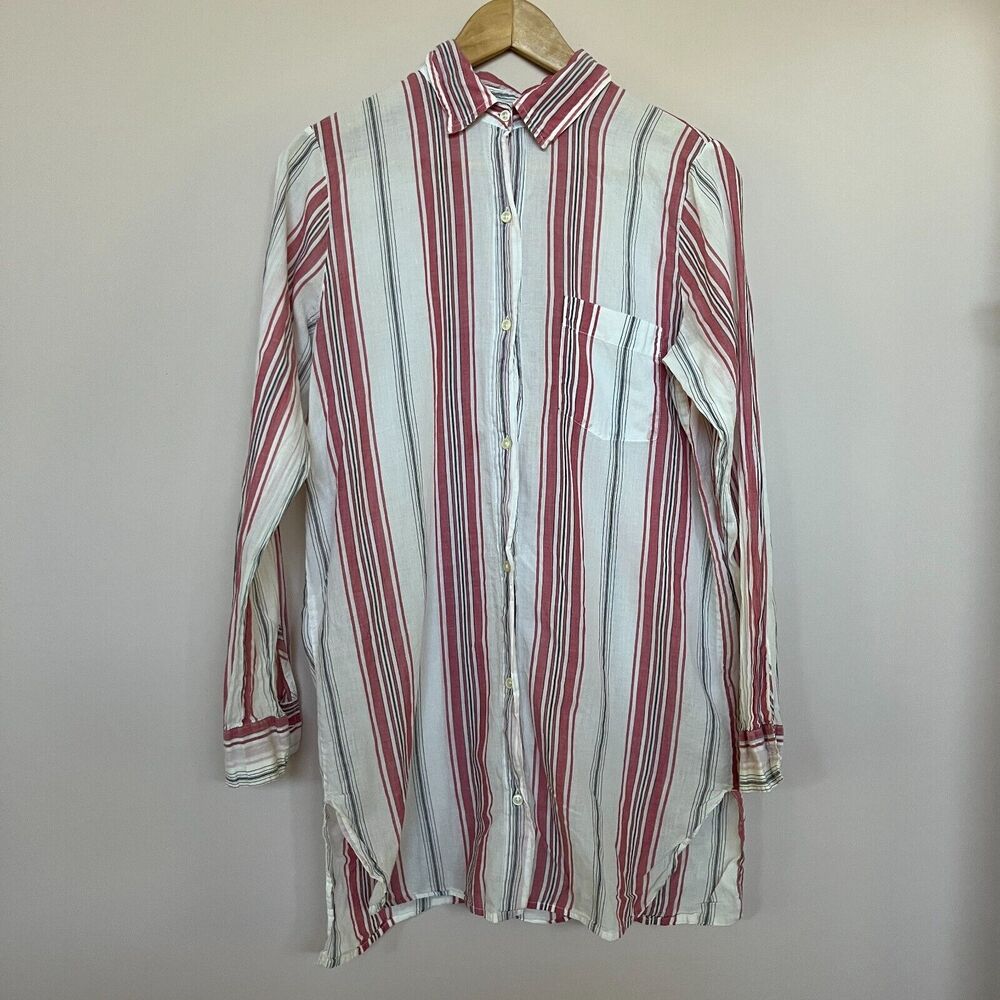 Gap Body Pink/White Long Sleeve Button Up Stripe Sleep Shirt Size S